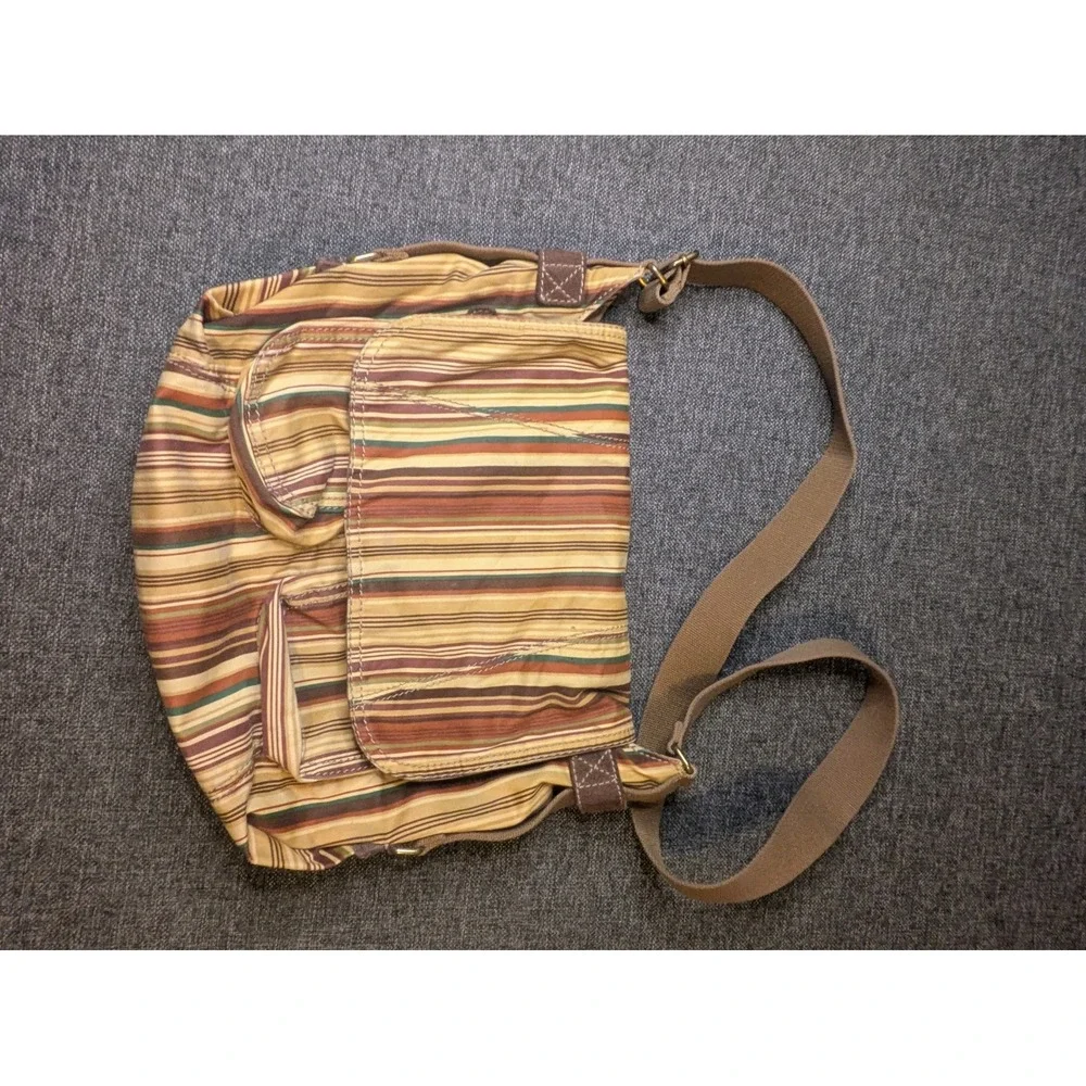Vintage Fossil Crossbody Bag Multicolor Pockets Striped Boho Canvas Strap Purse